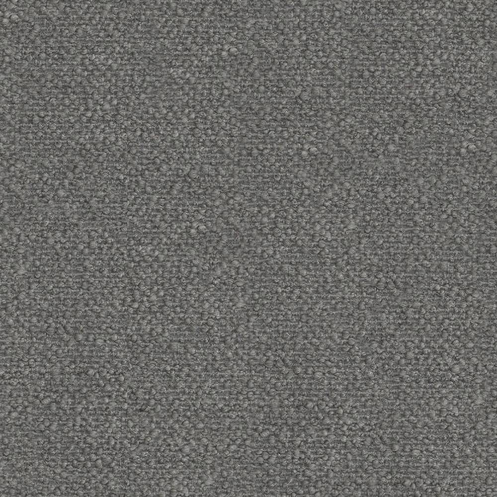 Close-up of neutral gray boucle upholstery fabric for sofas, showing tight looped texture and matte finish; composition 14% wool, 22% acrylic, 64% polyester.
