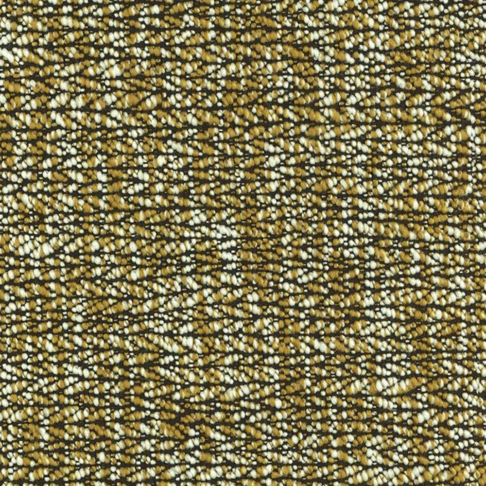 Close-up of mustard, ivory and black woven upholstery fabric showing dense textured looped yarns in a boucle-like pattern; 18% wool, 47% acrylic and 35% polyester blend intended for sofa upholstery.