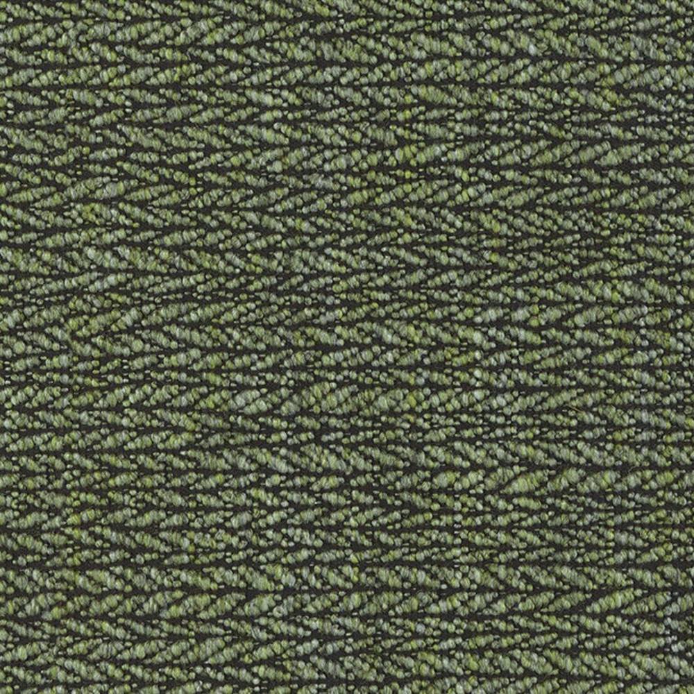 Close-up of olive-green bouclé upholstery fabric with small looped texture and dark charcoal background, shown in a wool-acrylic-polyester blend suitable for sofa upholstery.