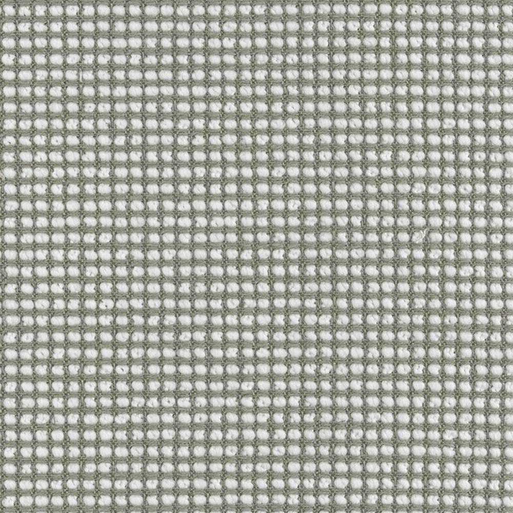 Close-up of neutral white upholstery fabric with a tight square grid weave, light gray thread outlines and soft white tufts, showing textured slub detail; linen, wool, viscose and polyester blend for sofas.