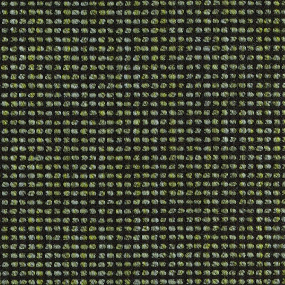 Macro close-up of olive-green and pale-gray looped woven upholstery fabric showing a tight square-grid pattern on a dark ground; linen, wool, viscose and polyester blend suitable for sofa upholstery.