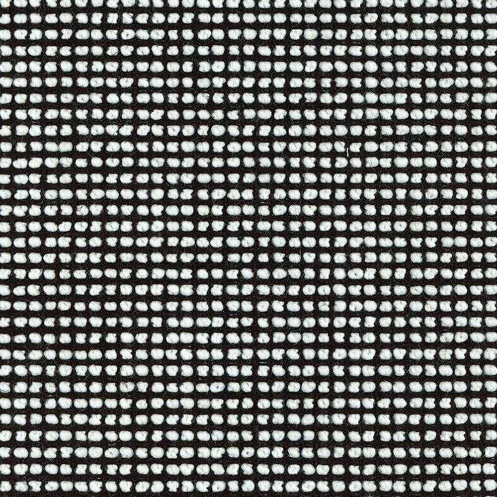 Macro view of white looped yarn forming a regular dotted grid on a black woven upholstery fabric; 16% linen, 10% wool, 11% acrylic, 25% viscose and 38% polyester blend.