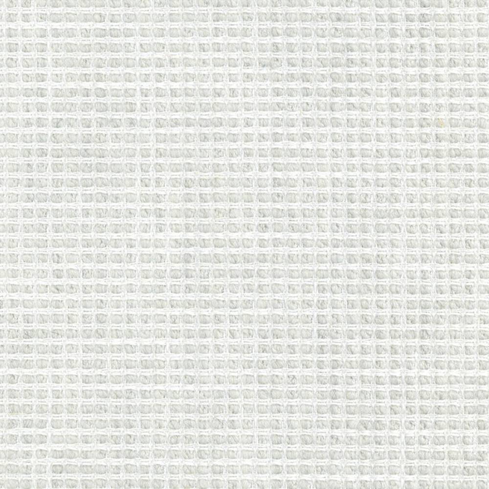 Close-up of neutral white waffle-weave upholstery fabric showing a small grid texture, a linen, wool, viscose and polyester blend suitable for sofa upholstery.