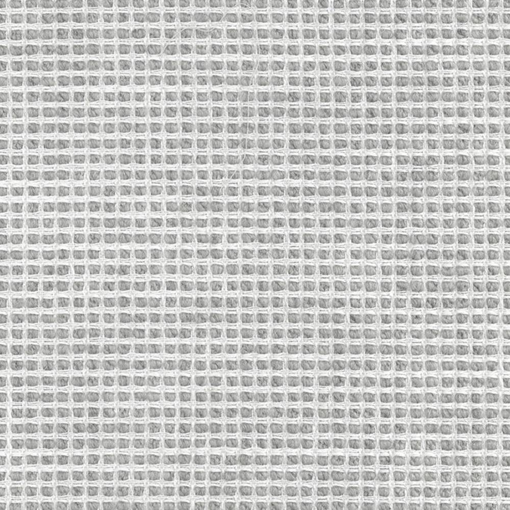 Close-up of white neutral waffle-weave upholstery fabric in a linen, wool, viscose and polyester blend, showing small square textured grid and soft yarn detail suitable for sofas and indoor use.