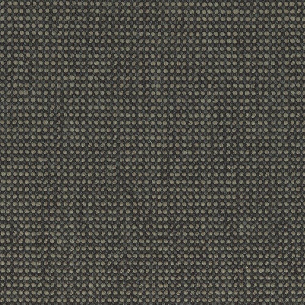 Close-up of a neutral dark-gray upholstery fabric swatch — 14% wool, 14% linen with viscose, acrylic and polyester — showing a dense pebble weave texture suitable for contemporary sofa upholstery.