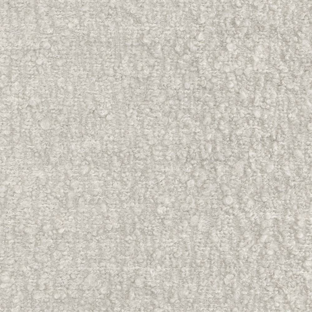 Close-up of cream boucle upholstery fabric showing looped, nubby texture; 30% wool, 51% acrylic and 19% polyester, designed for durable contemporary sofa upholstery.