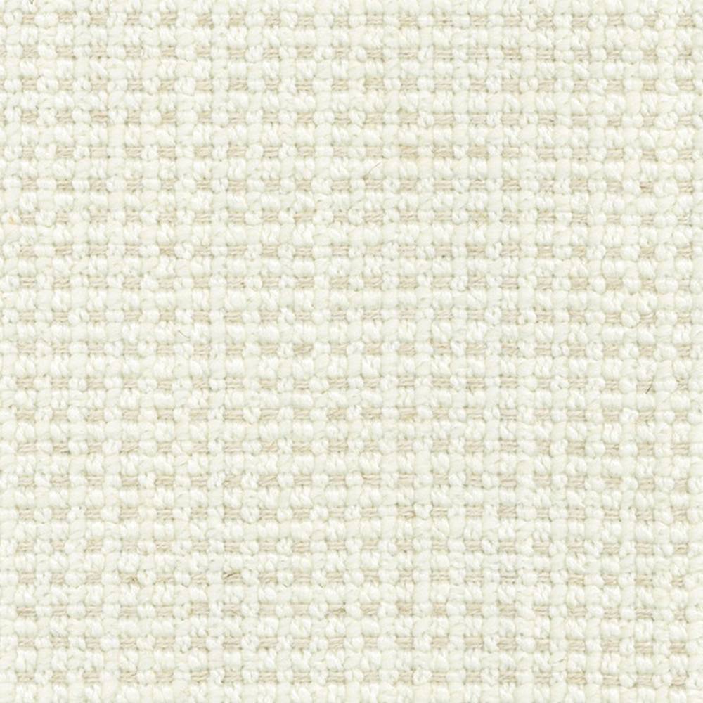 Close-up of cream woven upholstery fabric showing a tight basket-weave texture; blend of 18% wool, 5% linen, 59% acrylic and 18% polyester, designed for indoor sofa use.