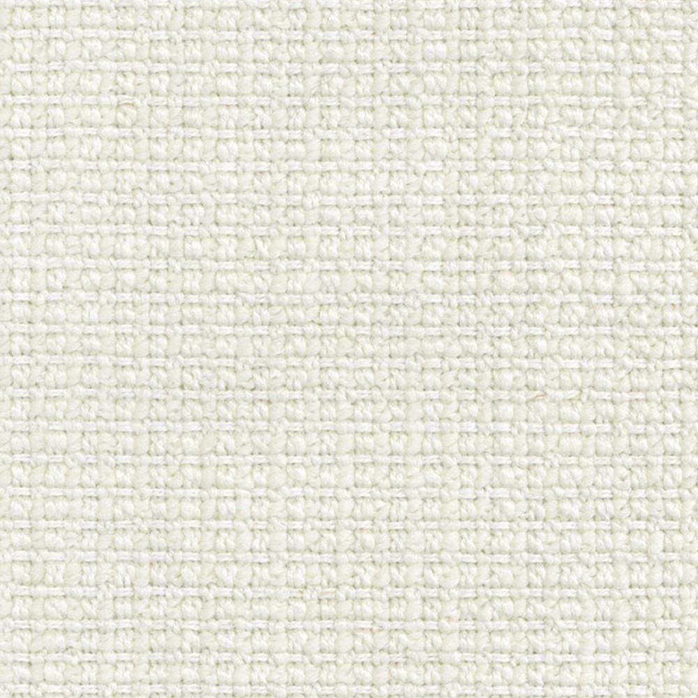 Close-up of cream woven upholstery fabric with a subtle basketweave texture, showing looped yarns and soft nap; 18% wool, 5% linen, 59% acrylic, 18% polyester blend suitable for sofas and heavy-use upholstery.