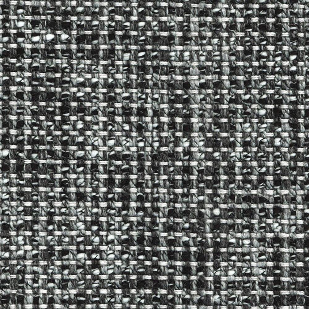 Close-up of neutral gray and black woven upholstery fabric showing a textured basketweave made from a wool, linen, acrylic and polyester blend, suitable for sofa and heavy-duty upholstery.
