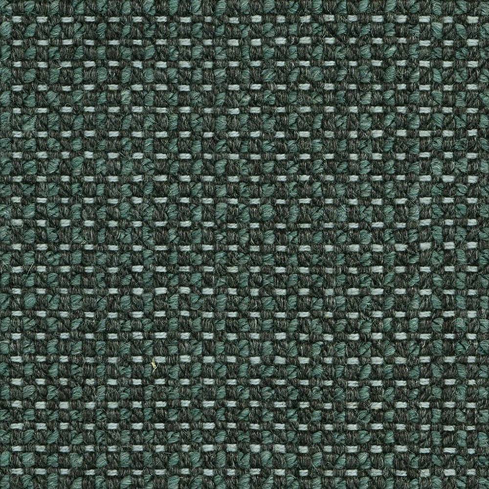 Close-up of a densely woven forest-green upholstery fabric for sofas, showing a textured basket-weave pattern in an 18% wool, 5% linen, 59% acrylic and 18% polyester blend.