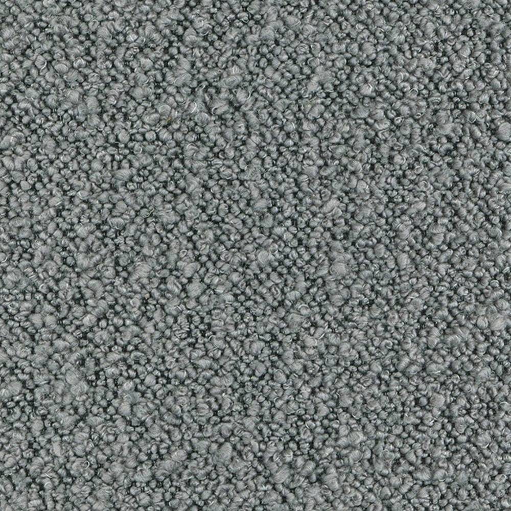 Close-up of a neutral light-gray wool-blend upholstery fabric (31% wool, 55% acrylic, 14% polyester) showing dense looped bouclé texture suitable for modern or contemporary sofas.