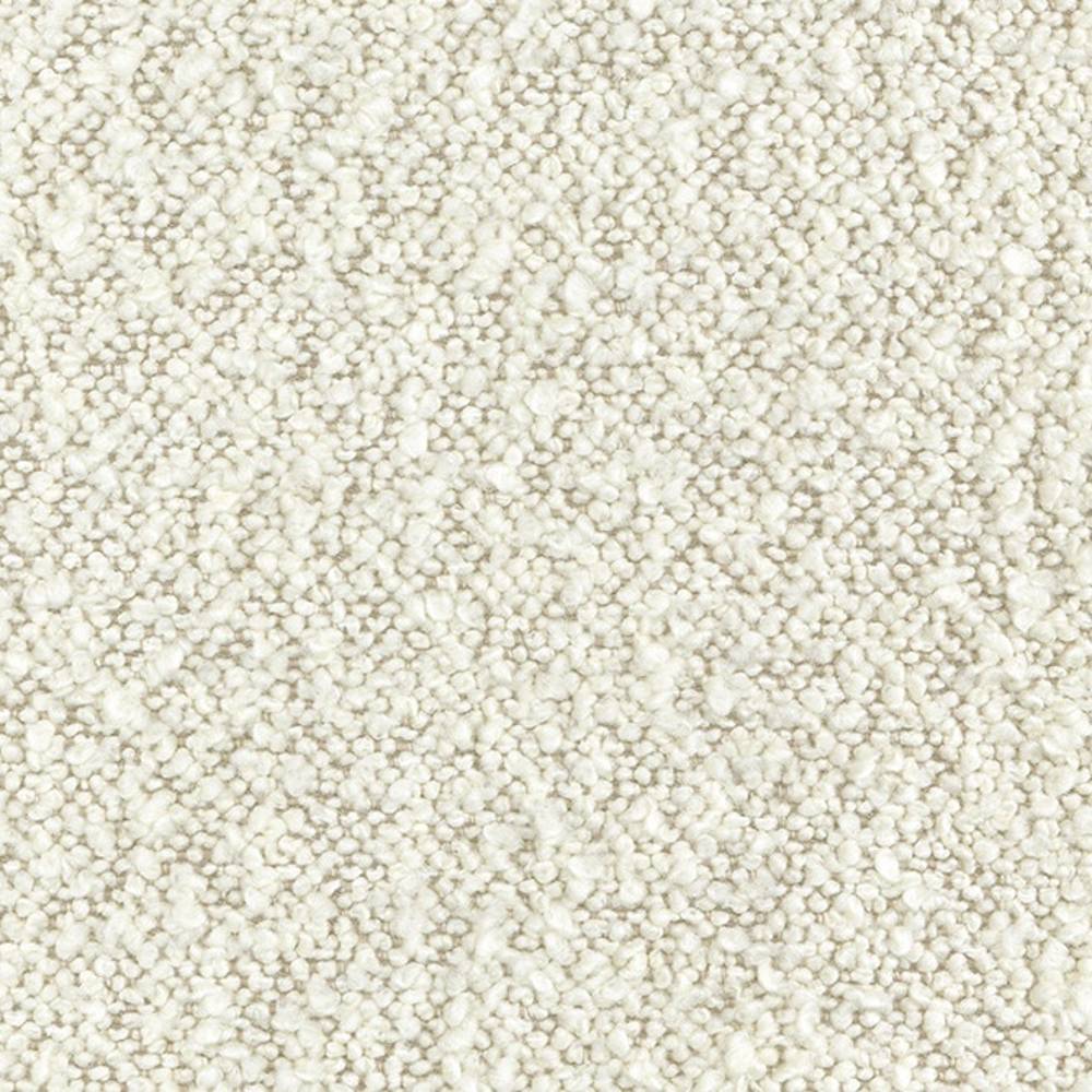 Close-up of cream boucle upholstery fabric showing dense looped texture; 31% wool, 55% acrylic, 14% polyester blend suitable for contemporary sofas.