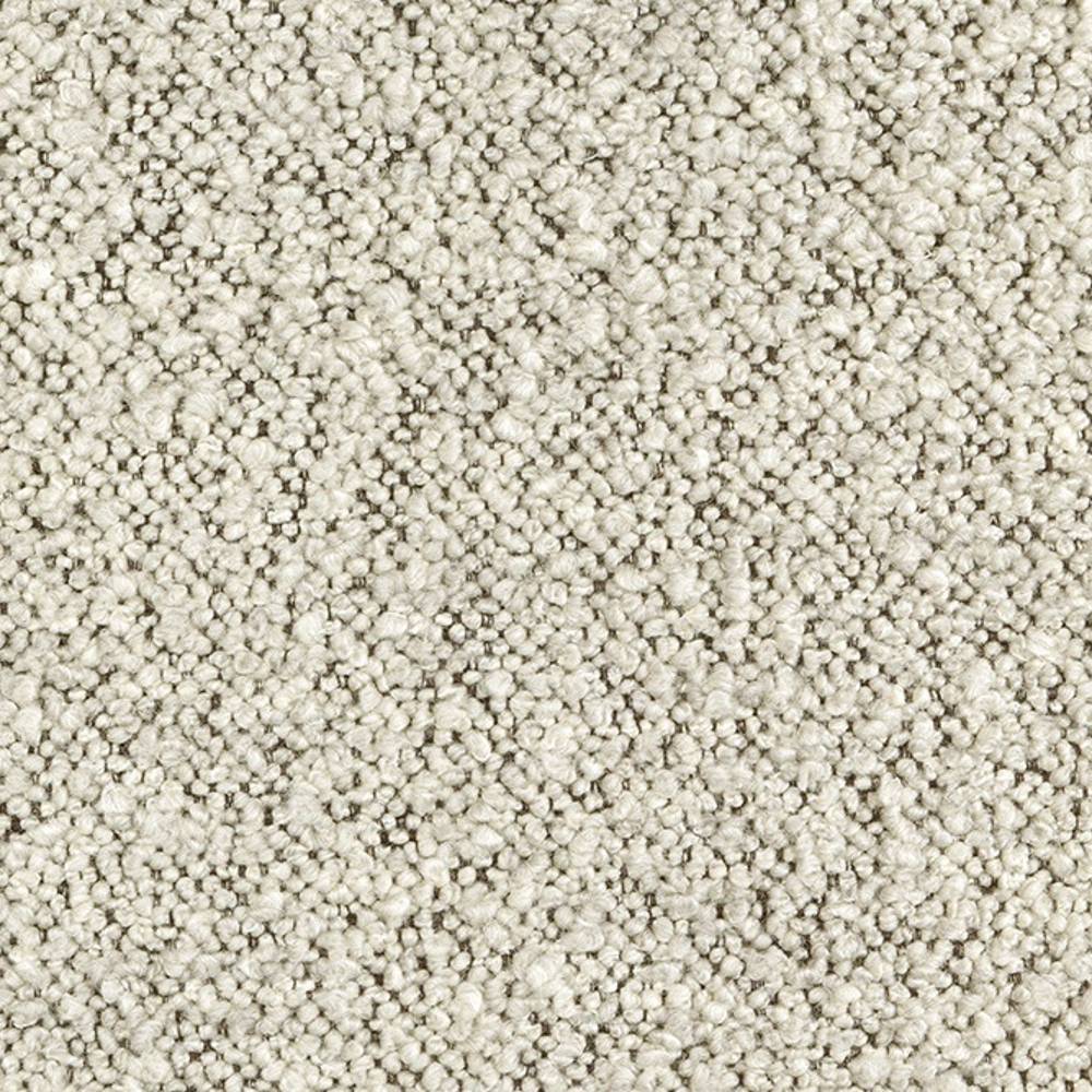 Close-up of a cream boucle upholstery fabric swatch showing dense looped texture; 31% wool, 55% acrylic and 14% polyester blend designed for sofa upholstery.