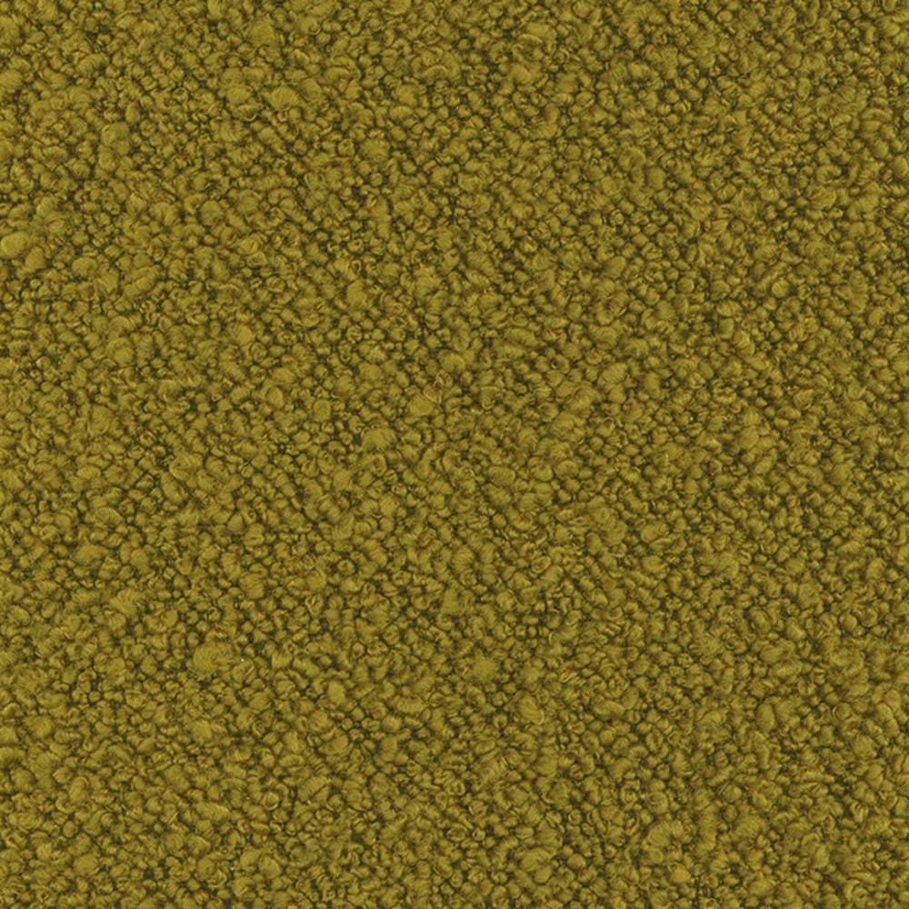Close-up of olive-green wool-blend boucle upholstery fabric showing a dense, looped texture ideal for contemporary sofa upholstery.