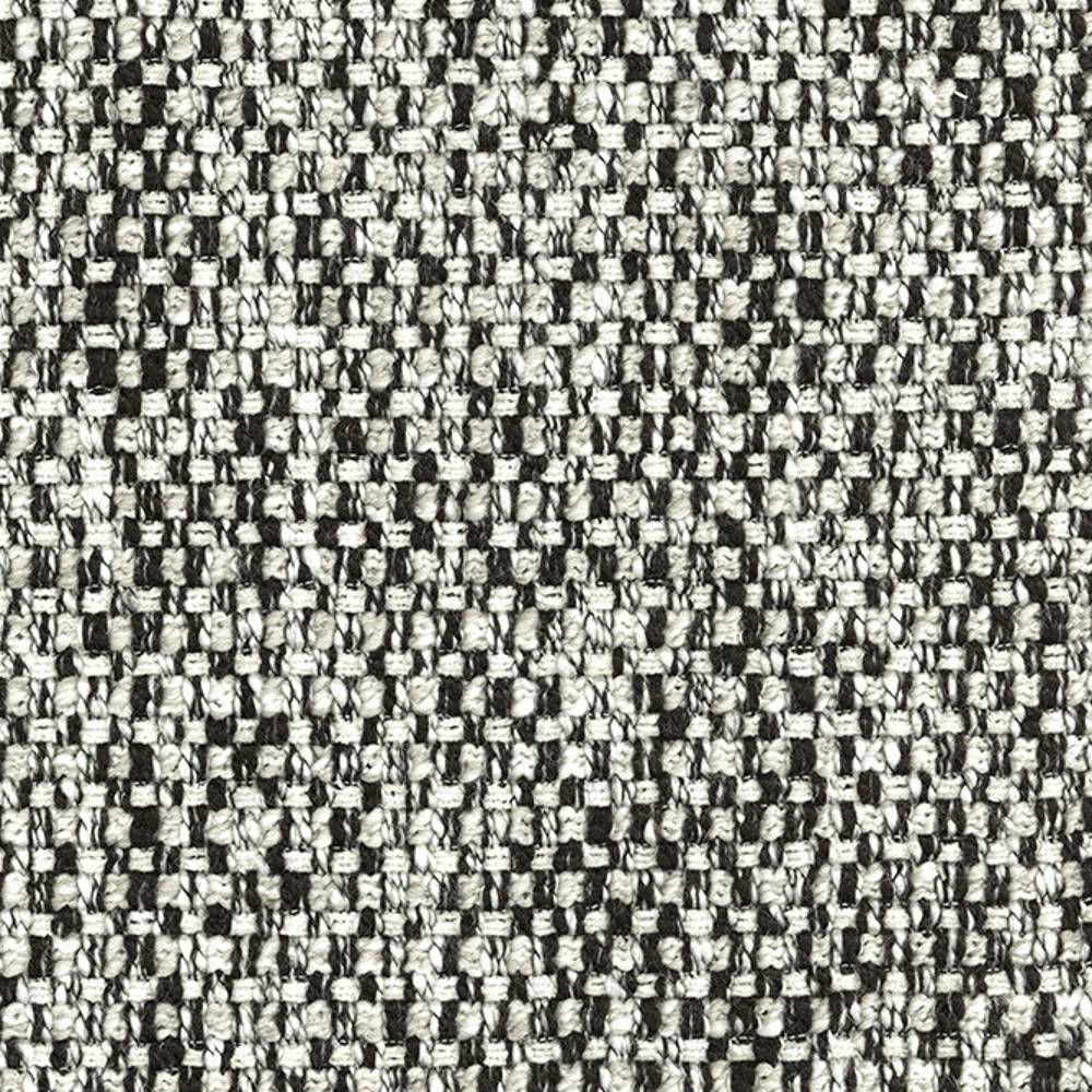 Close-up of cream-and-black woven upholstery fabric (17% wool, 62% acrylic, 9% viscose, 12% polyester) showing textured looped yarns and a tight basket weave suitable for sofa upholstery.