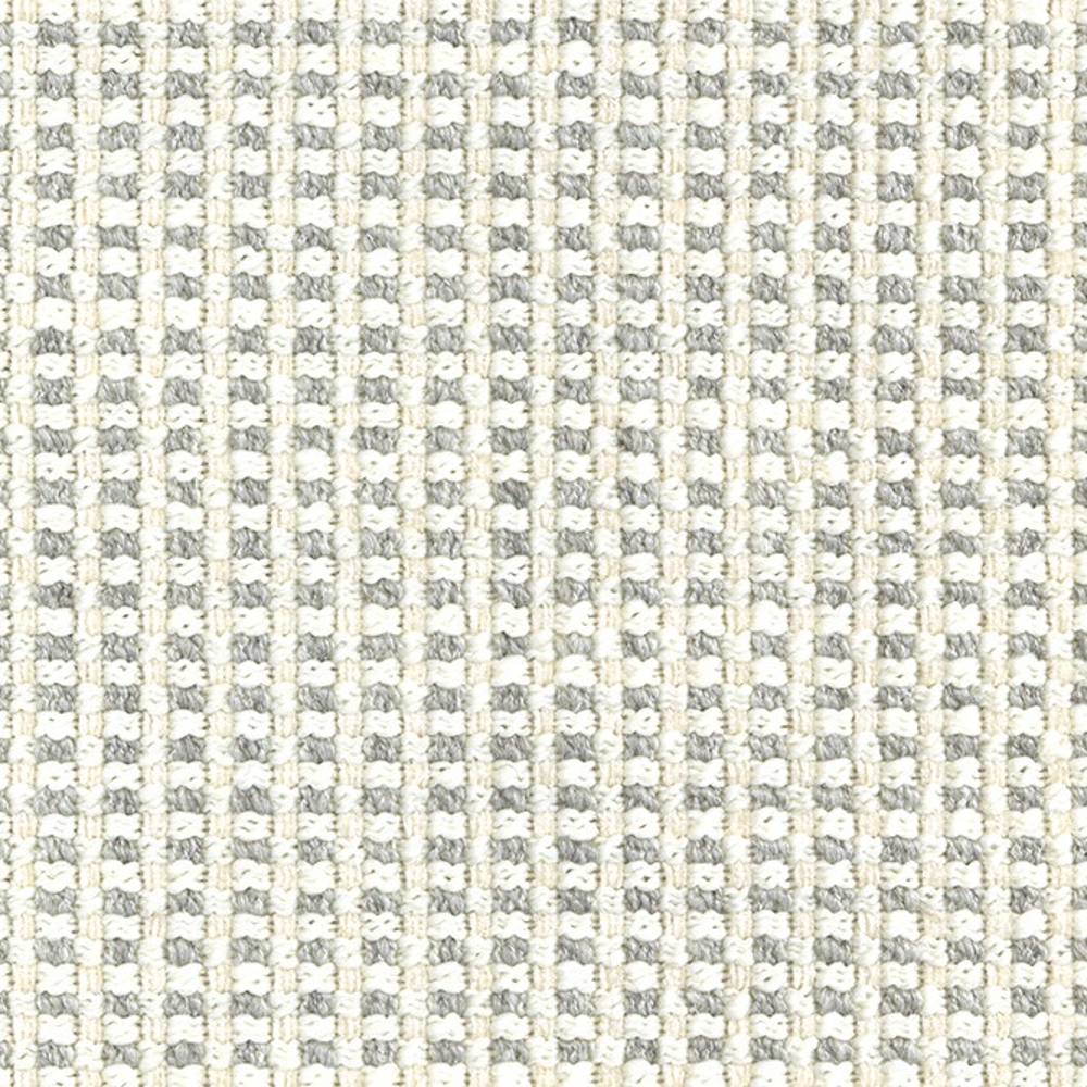 Close-up of cream and light-gray check woven upholstery fabric with a textured looped weave, shown as a sofa-grade sample; composition 17% wool, 62% acrylic, 9% viscose, 12% polyester.