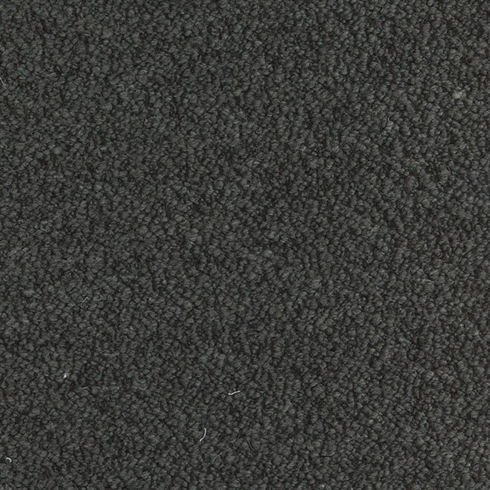 Close-up of charcoal boucle upholstery fabric swatch showing dense looped texture; 10% wool, 12% linen, 19% viscose, 19% acrylic and 40% polyester blend for sofa use.