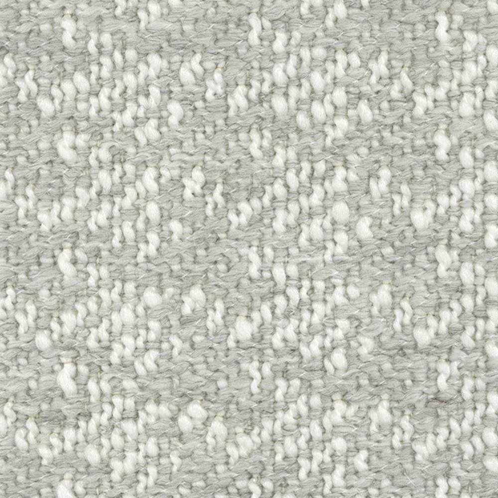 Close-up of light gray boucle upholstery fabric showing looped texture and creamy white flecks; a heavy-duty 20% wool, 69% acrylic, 11% polyester blend suitable for contemporary sofas.