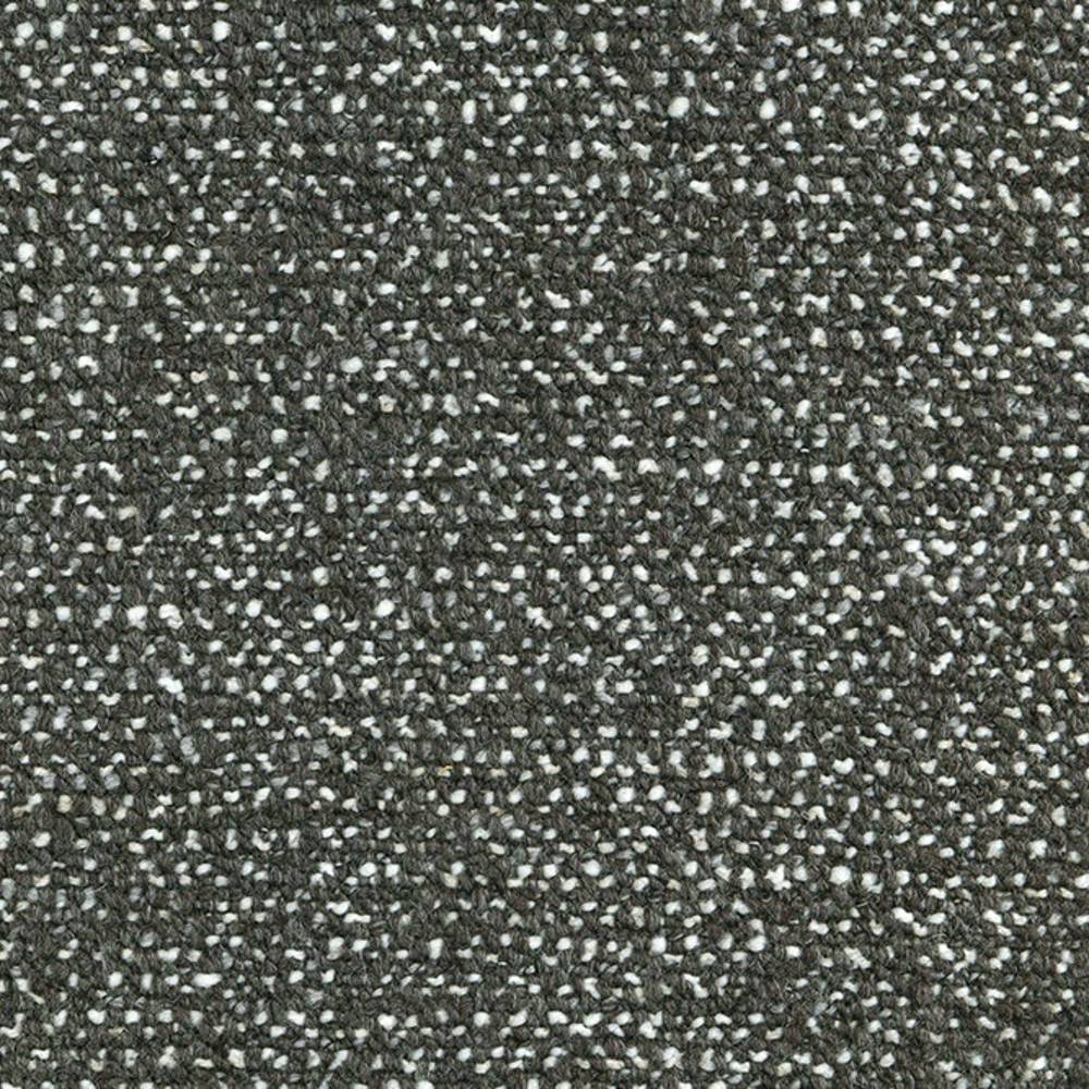 Close-up of a charcoal-gray upholstery fabric with cream-white flecks and a textured bouclé appearance; 19% wool, 5% linen, 63% acrylic and 13% polyester blend for sofa upholstery.