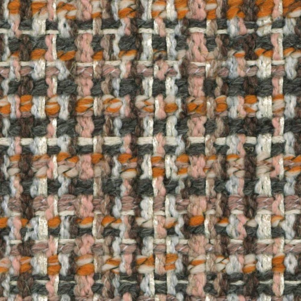 Close-up of textured woven boucle upholstery fabric showing interlaced yarns in gray, beige, brown, blush pink and orange with subtle silver metallic threads; 9% linen, 10% wool, 32% acrylic, 49% polyester.