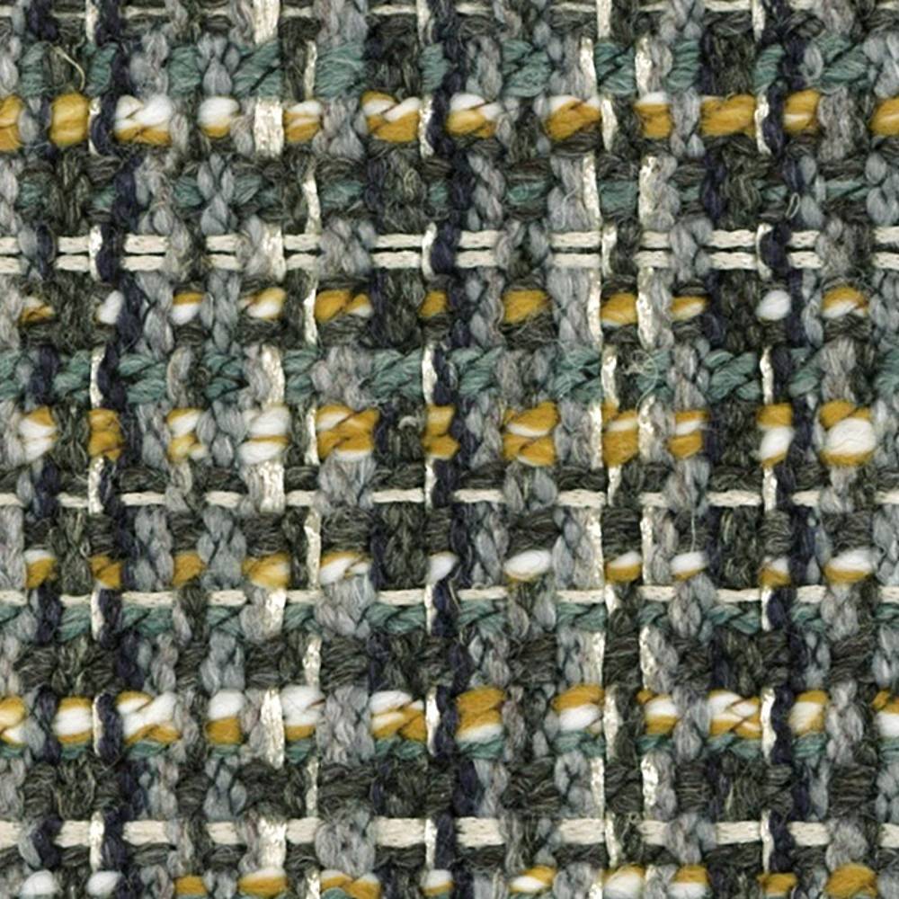 Close-up of woven bouclé upholstery fabric in a linen, wool, acrylic and polyester blend, showing muted green-gray ground with mustard and white yarn accents and a textured looped weave for contemporary sofas.