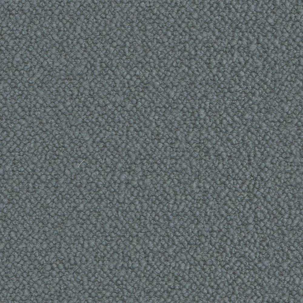 Close-up of neutral gray boucle upholstery fabric showing dense nubby texture; 30% wool, 50% acrylic, 20% polyester, heavy-duty for sofa use.