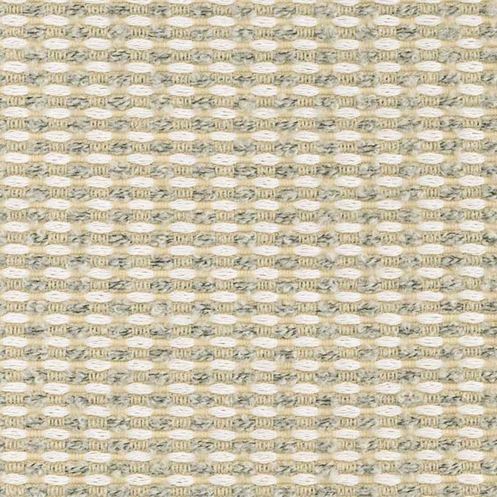 Close-up of neutral beige geometric woven upholstery fabric with cream yarns and a textured horizontal looped weave, ideal for modern sofa upholstery; 12% wool, 25% acrylic, 63% triacetate blend.