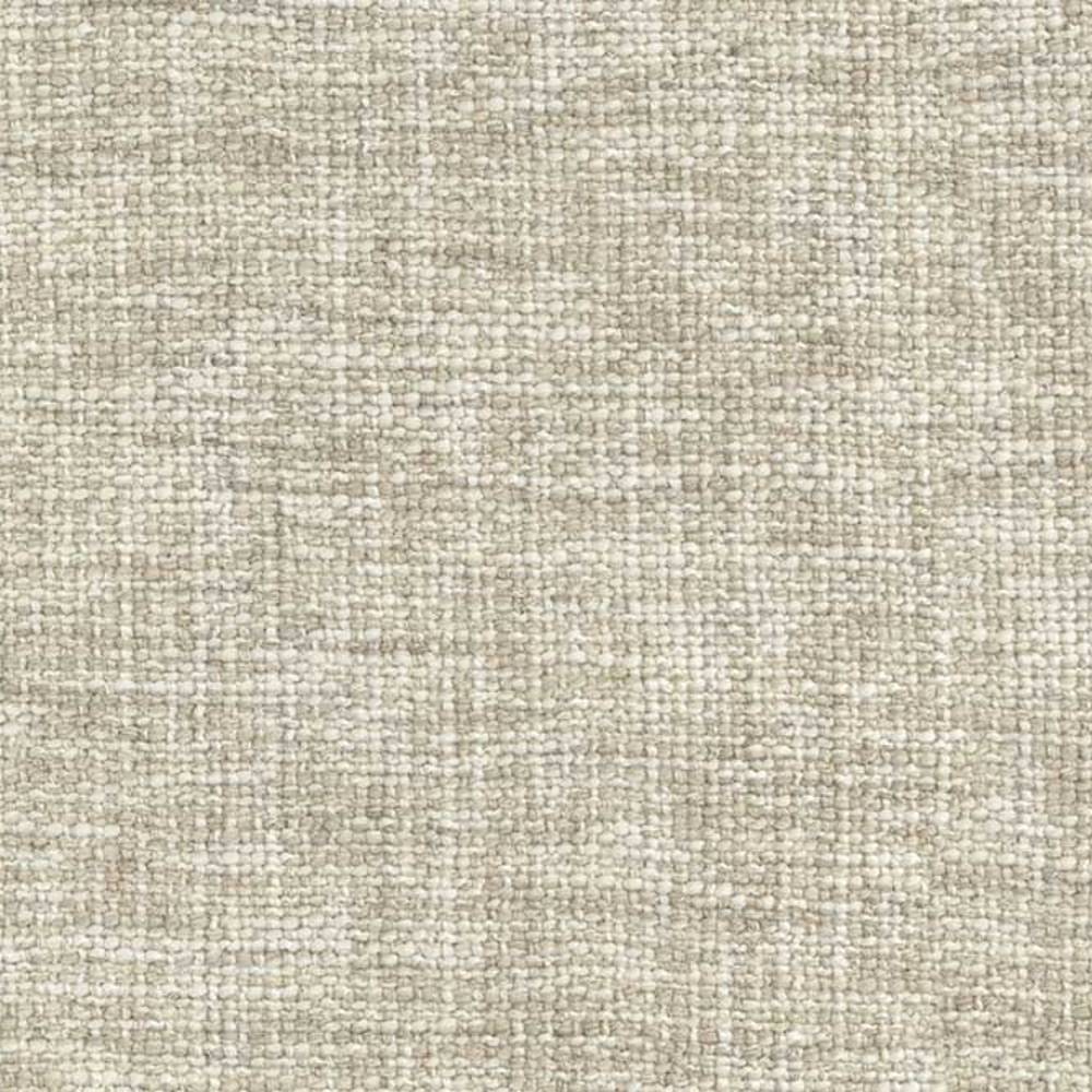Close-up of cream woven upholstery fabric with subtle gray flecks and a tight looped texture, suitable for sofas; 15% wool, 70% acrylic, 15% polyester.