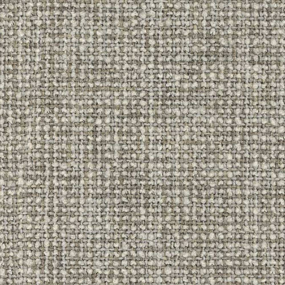 Close-up of beige woven upholstery fabric for sofa showing a textured, neutral basketweave made from a blend of wool, linen, acrylic and polyester fibers.
