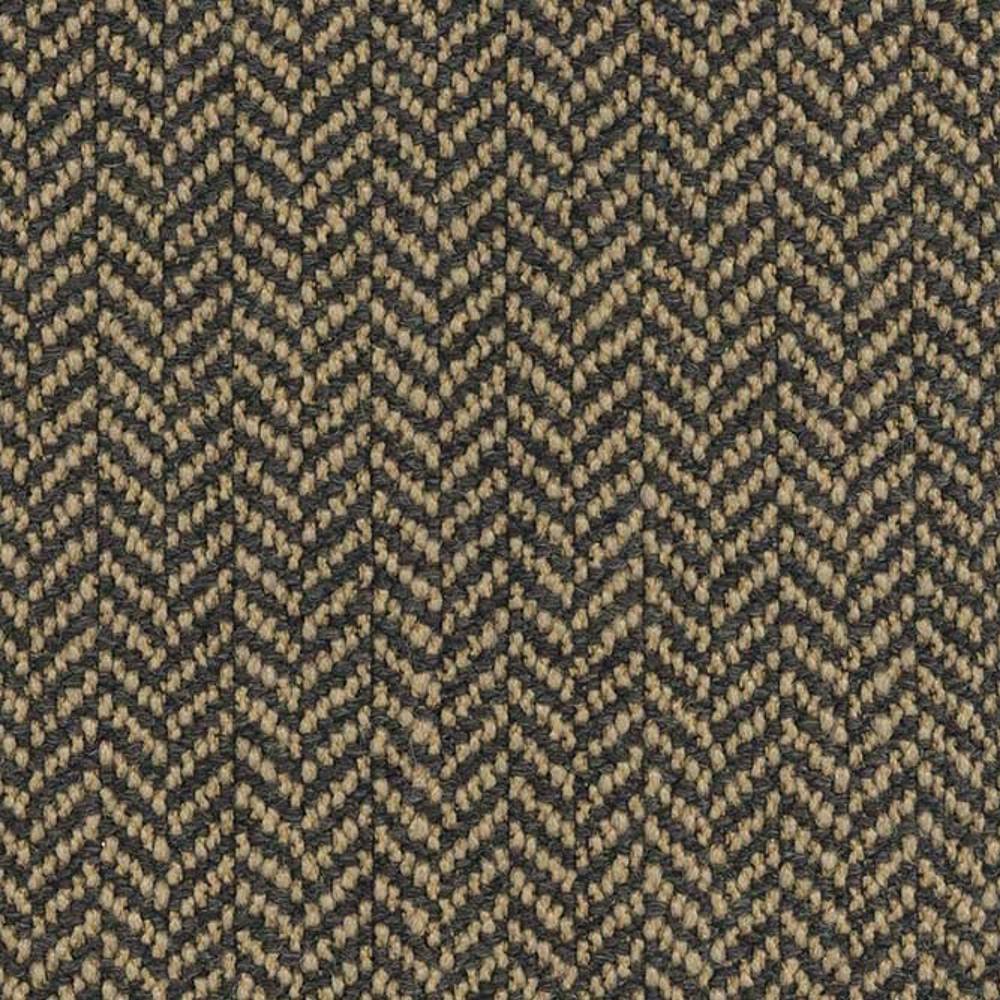 Close-up of textured gray and beige herringbone upholstery fabric in a 13% wool, 50% acrylic, 37% polyester blend, shown as a neutral contemporary fabric suitable for sofas.