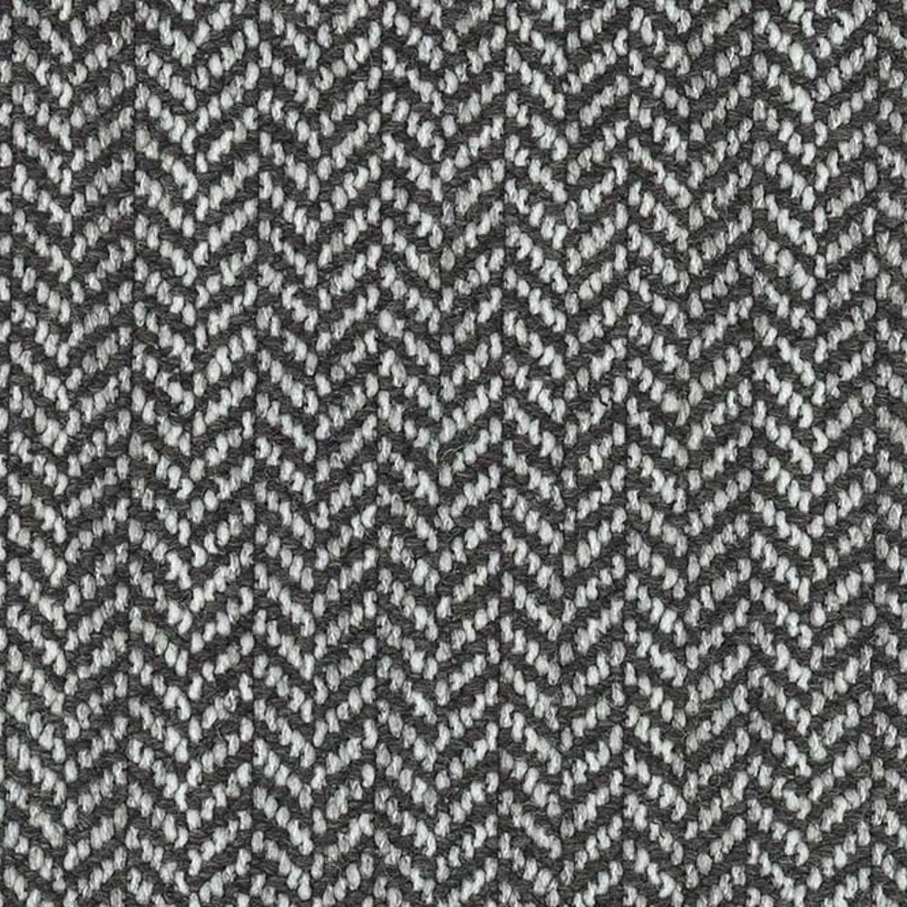 Close-up of gray and off-white woven herringbone upholstery fabric for sofas, showing textured knit and two-tone yarns in a contemporary style; 13% wool, 50% acrylic, 37% polyester.