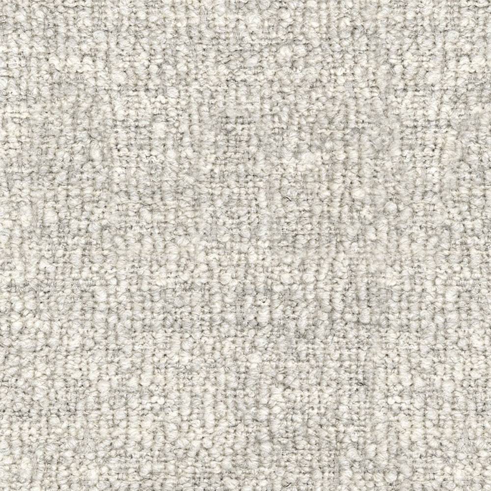 Close-up of light beige-gray boucle upholstery fabric showing soft looped texture; 30% wool, 46% acrylic and 24% polyester blend suited for modern, contemporary sofas and office seating.