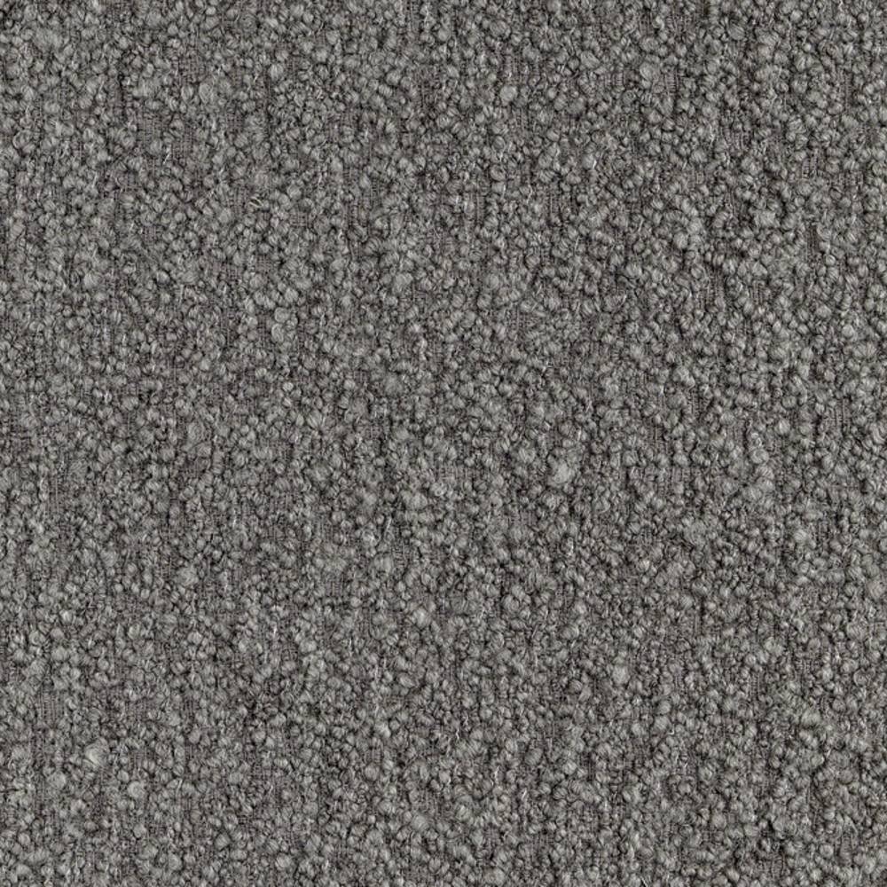 Close-up of neutral gray boucle upholstery fabric in a 30% wool, 47% acrylic, 23% polyester blend, showing dense looped texture ideal for modern sofas.