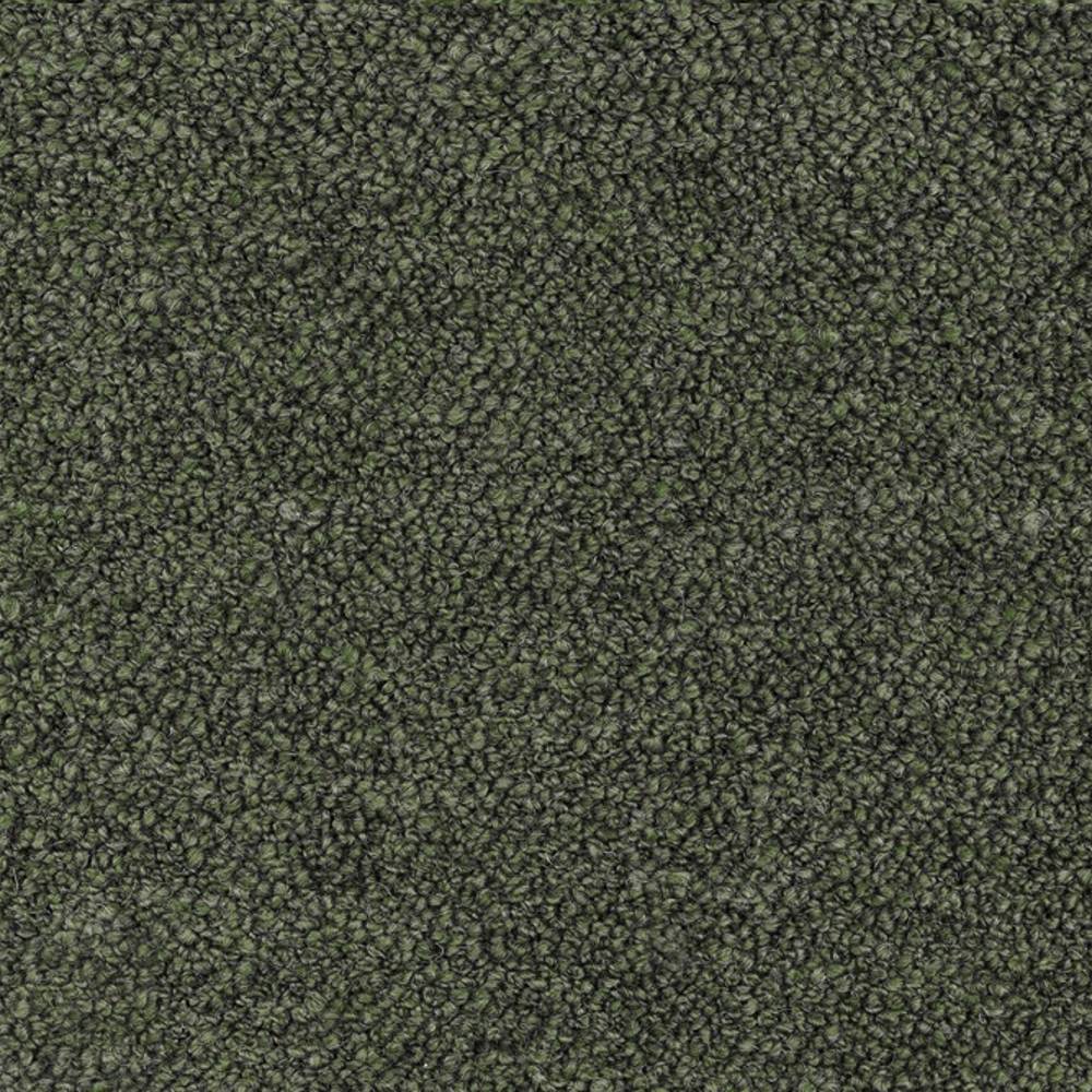 Close-up of olive-green boucle upholstery fabric showing dense looped texture in a 30% wool, 40% acrylic, 30% polyester blend for contemporary sofa upholstery.