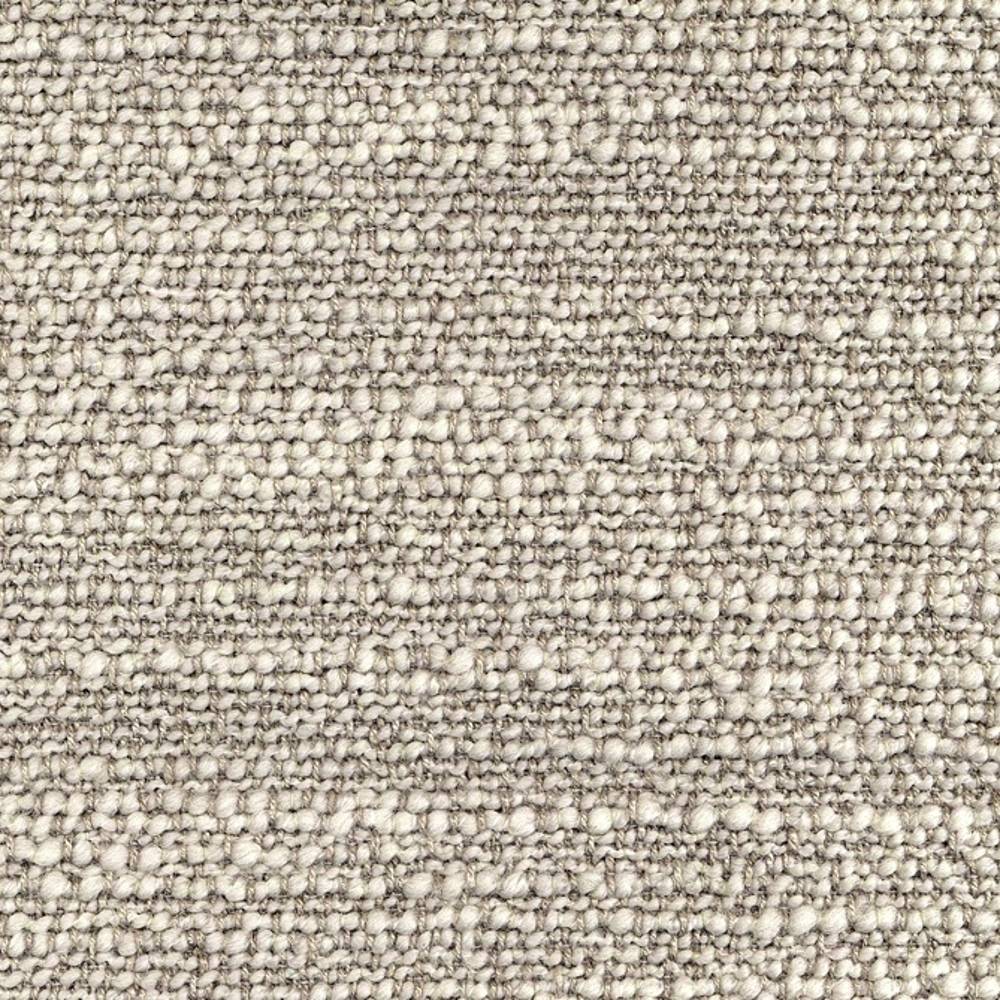 Close-up of neutral cream boucle upholstery fabric showing a textured looped weave; wool, acrylic, linen, rayon and polyester blend designed for contemporary sofas.