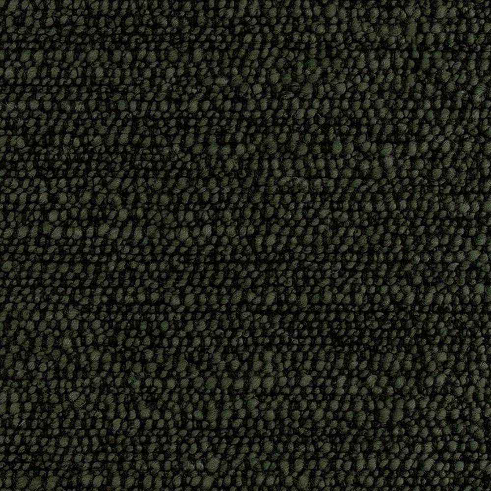 Close-up of dark olive-green boucle upholstery fabric showing dense looped texture; wool-acrylic-linen-poly blend ideal for contemporary sofa upholstery.