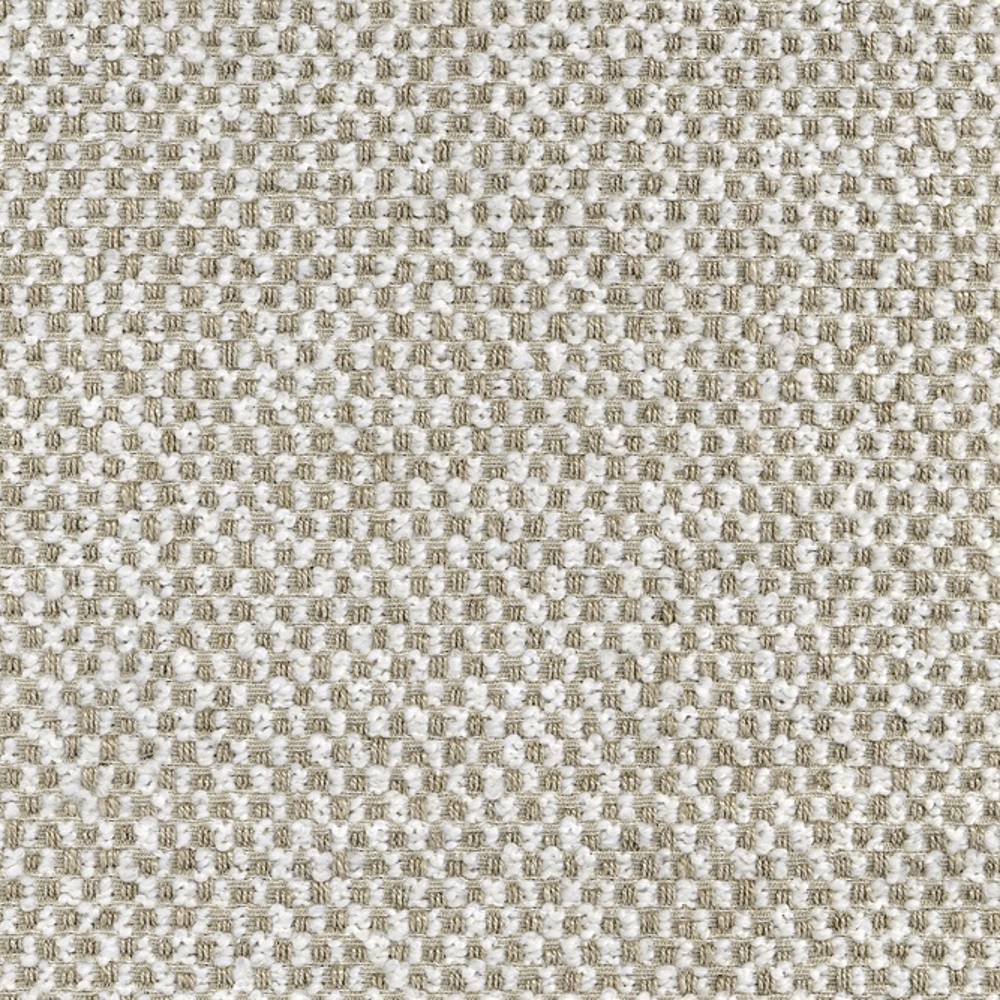 Close-up of neutral ivory and white woven upholstery fabric showing a small basket-weave texture with looped yarns; blend of 10% wool, 18% acrylic, 12% linen, 21% rayon and 39% polyester for sofa use.