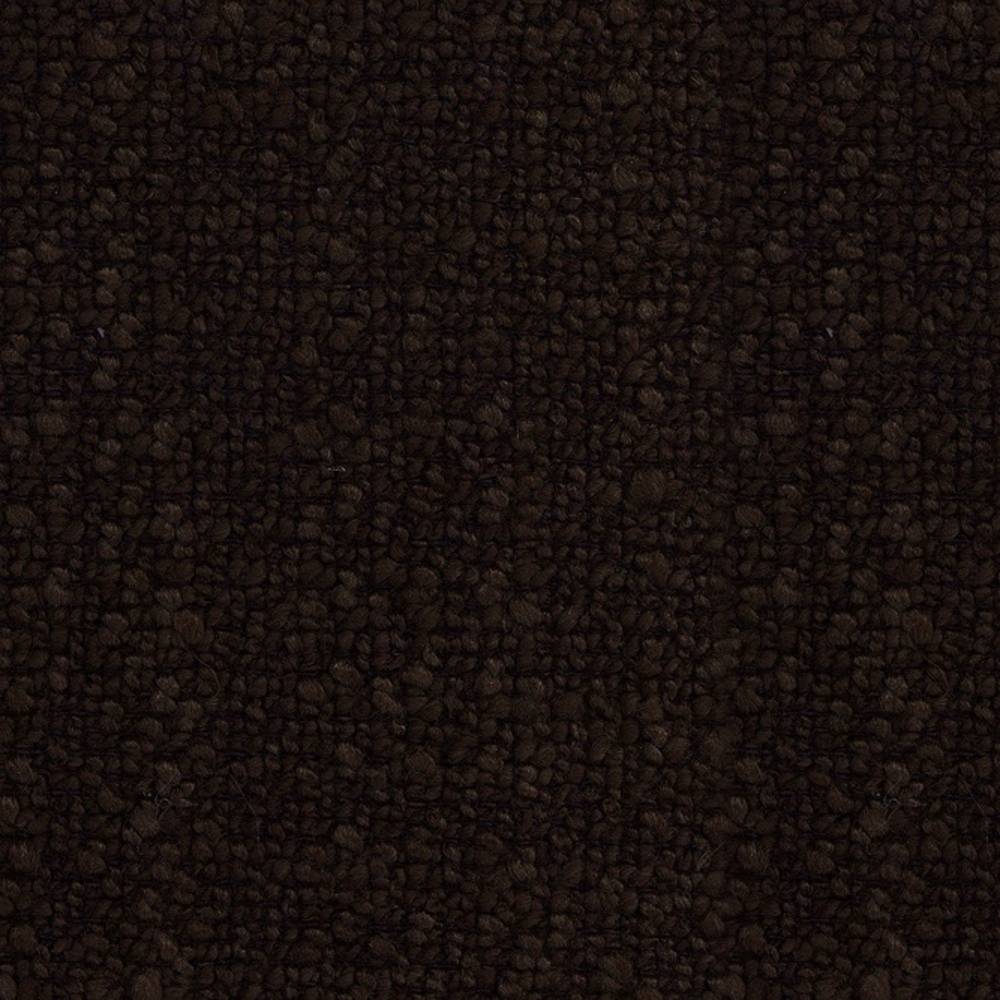 Close-up of dark brown boucle upholstery fabric showing dense looped texture and nap, ideal for sofas; composition 73% rayon, 27% triacetate.