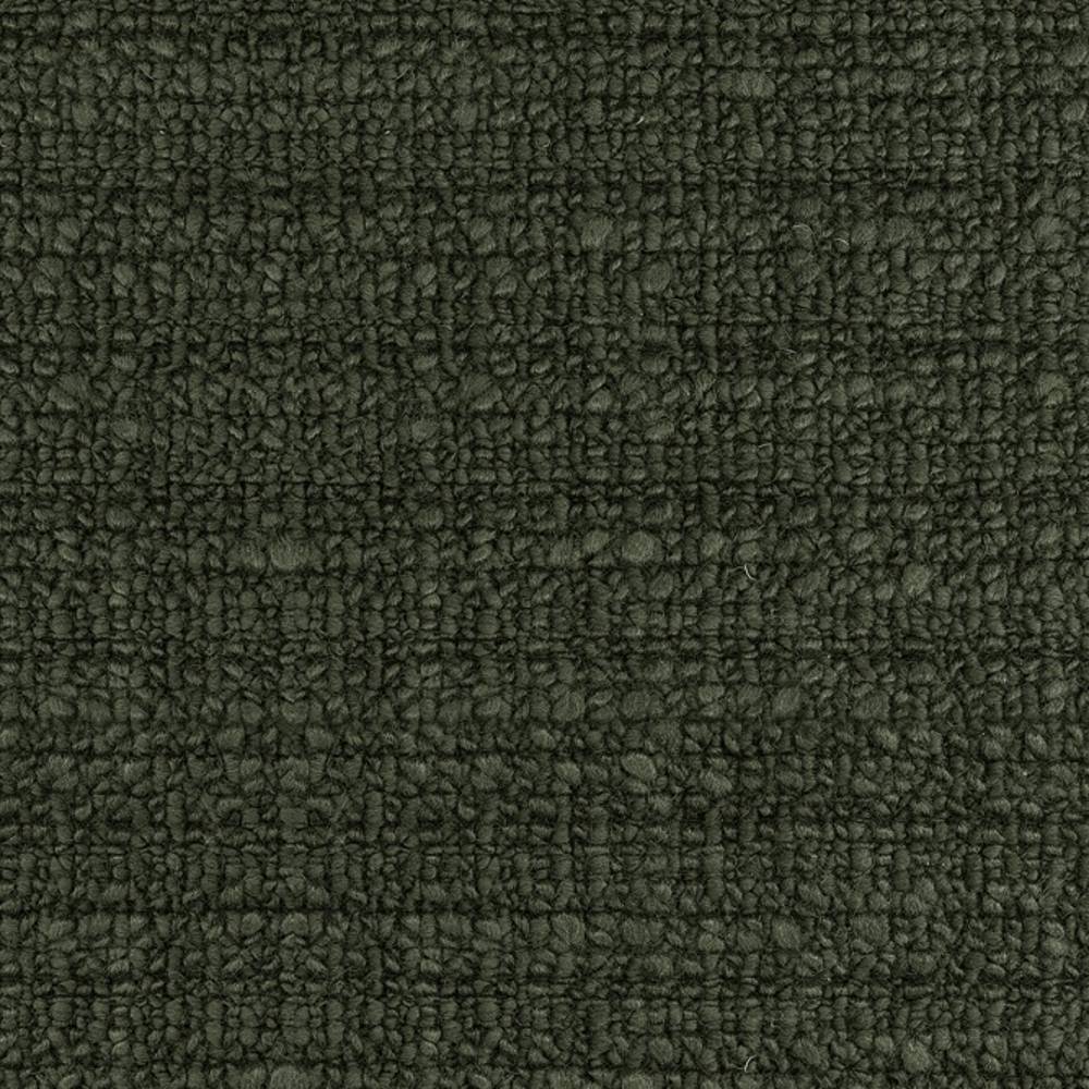 Close-up of a deep olive-green boucle upholstery fabric in a 32% wool, 48% acrylic, 20% triacetate blend, showing dense textured loop pile ideal for sofa upholstery.