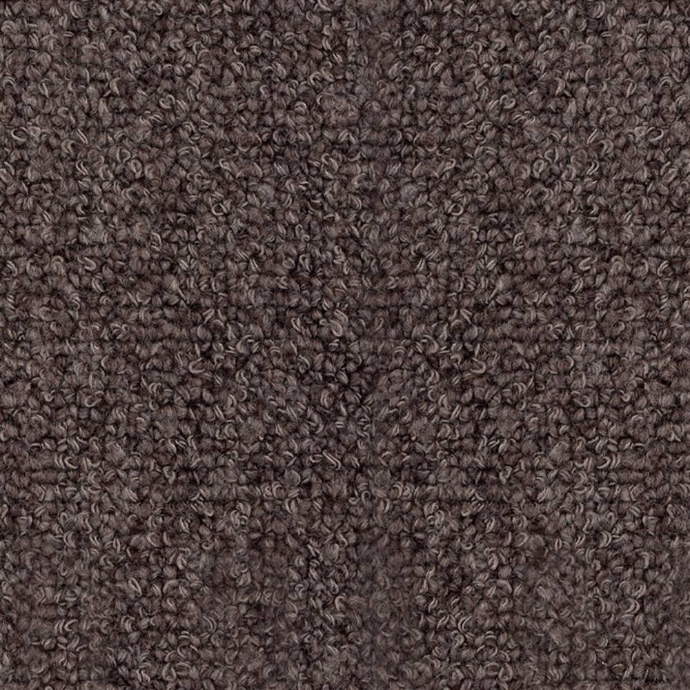Close-up of dark brown luxe boucle upholstery fabric showing dense looped texture and plush wool-blend yarns (15% wool, 54% rayon, 18% acrylic, 13% triacetate) for sofa upholstery.