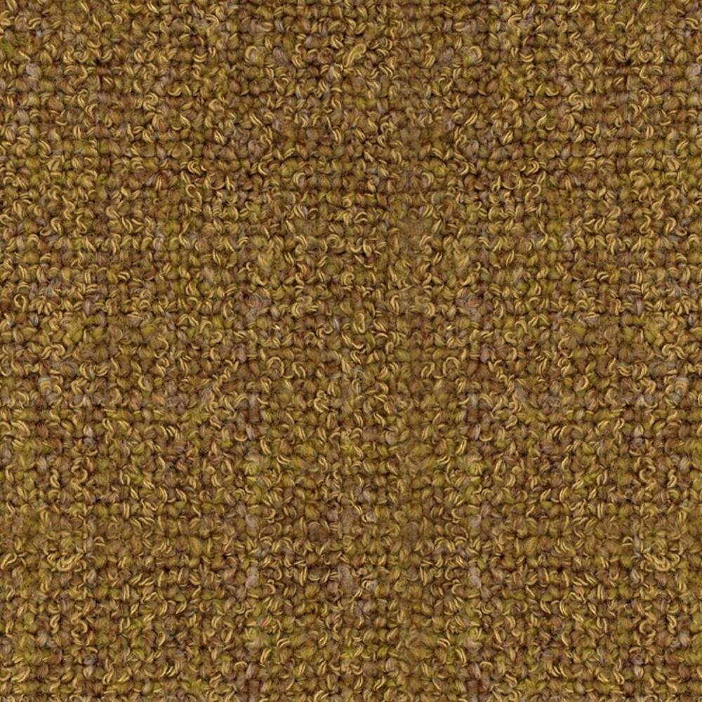 Close-up of golden-olive boucle upholstery fabric showing dense looped texture; wool-rayon-acrylic blend in a warm neutral tone for durable sofa upholstery.