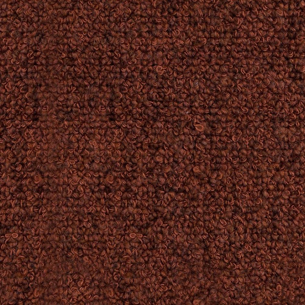 Close-up of rich brown boucle upholstery fabric showing dense, tight curly loops and textured surface; 15% wool, 54% rayon, 18% acrylic, 13% triacetate blend for sofa use.