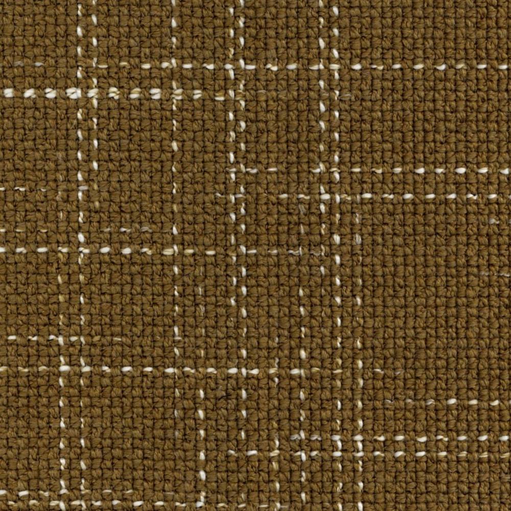 Close-up of olive-brown windowpane upholstery fabric in a 30% wool, 54% acrylic, 14% triacetate blend showing a textured woven boucle weave with white stitched grid, ideal for contemporary sofas and office seating.