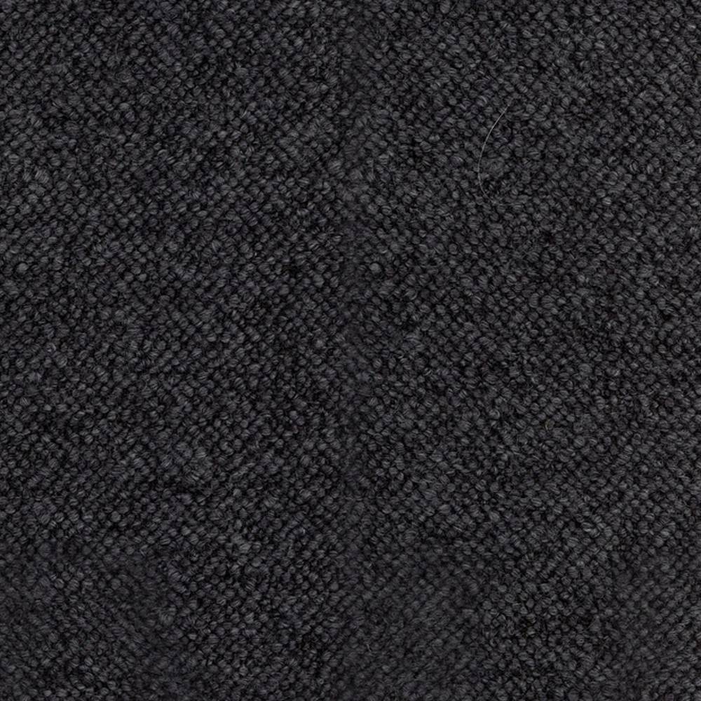 Close-up of deep charcoal tight-weave boucle upholstery fabric in a wool-acrylic blend, showing a dense looped texture and subtle tonal variation suitable for sofa upholstery.