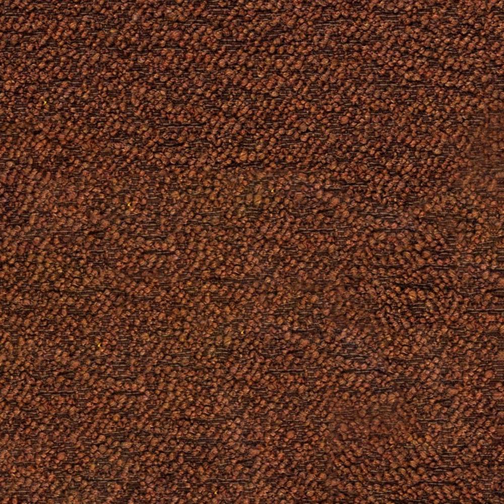 Close-up of plush rust-brown boucle upholstery fabric in a 12% wool, 24% acrylic, 64% triacetate blend, showing dense looped texture and warm tones for sofa upholstery.