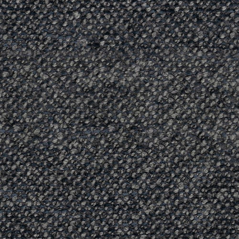 Close-up of dark charcoal boucle upholstery fabric showing dense looped texture and rich surface depth; durable mixed-fiber blend (16% wool, 24% acrylic, 8% linen, 9% rayon, 43% triacetate) for contemporary sofas.