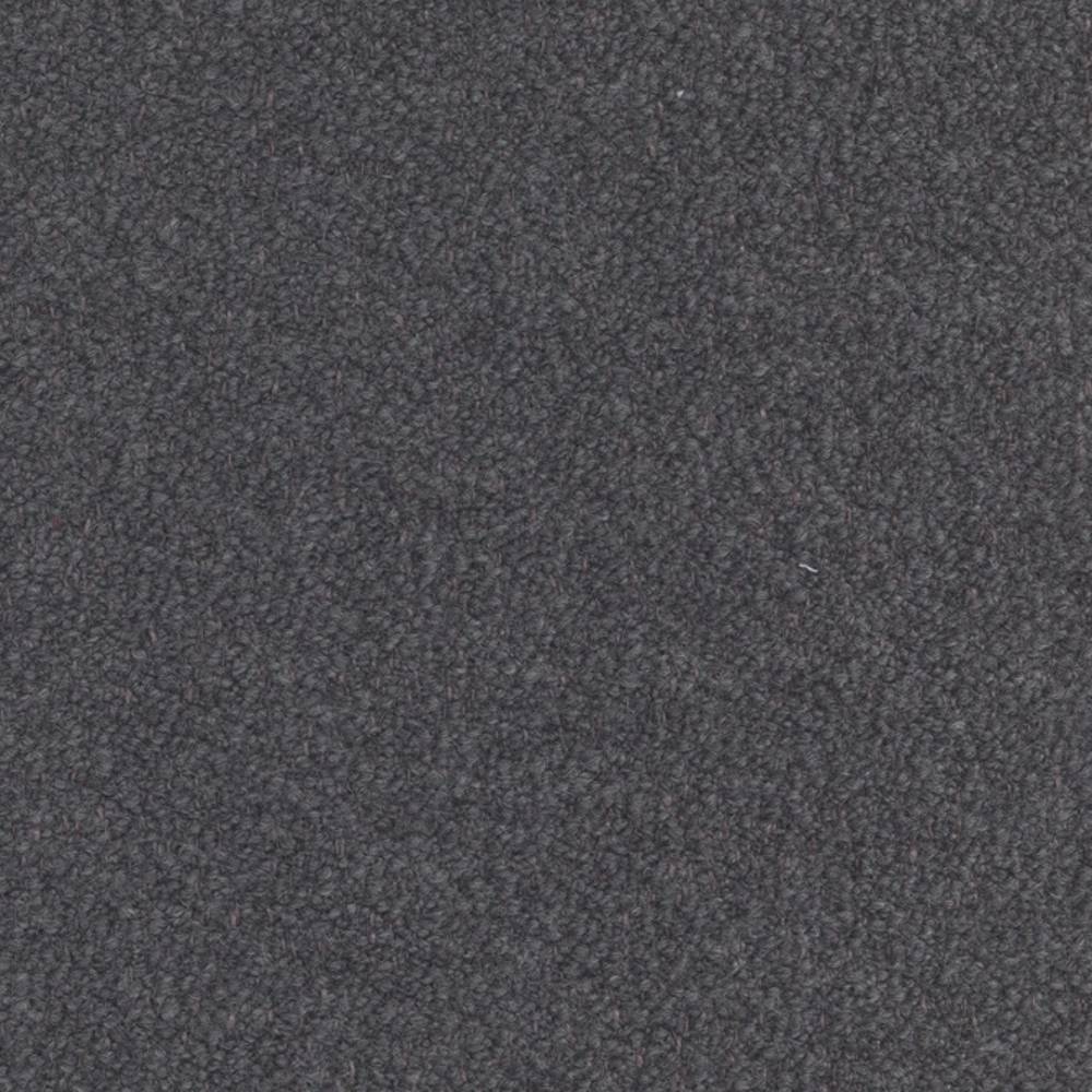 Close-up of a dark charcoal felted wool‑look boucle upholstery fabric swatch showing dense, soft textured loops; 20% wool, 25% acrylic, 5% linen, 10% rayon, 40% triacetate blend for sofas.