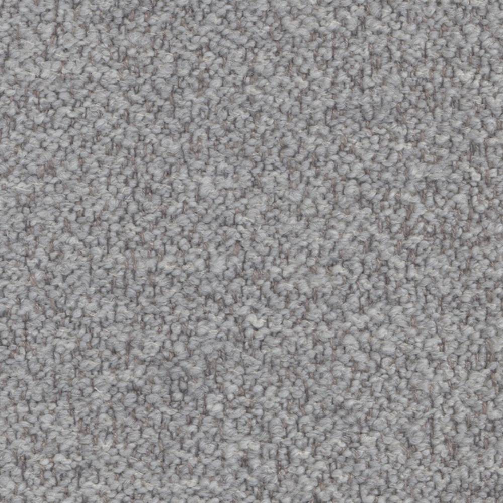 Close-up of light gray felted wool-look boucle upholstery fabric, showing soft looped texture and neutral tone; wool, acrylic, linen, rayon and triacetate blend for durable sofa upholstery.