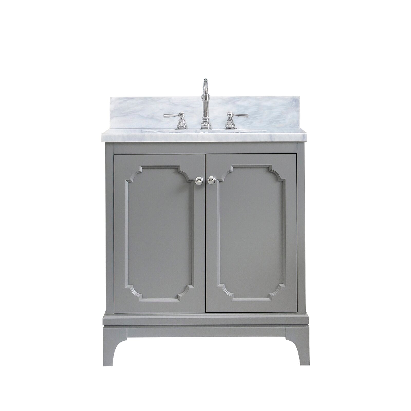 Cashmere grey wood 30-inch single-sink bathroom vanity with Carrara white marble countertop and backsplash, two recessed-panel doors with chrome knobs and a classic chrome center faucet.
