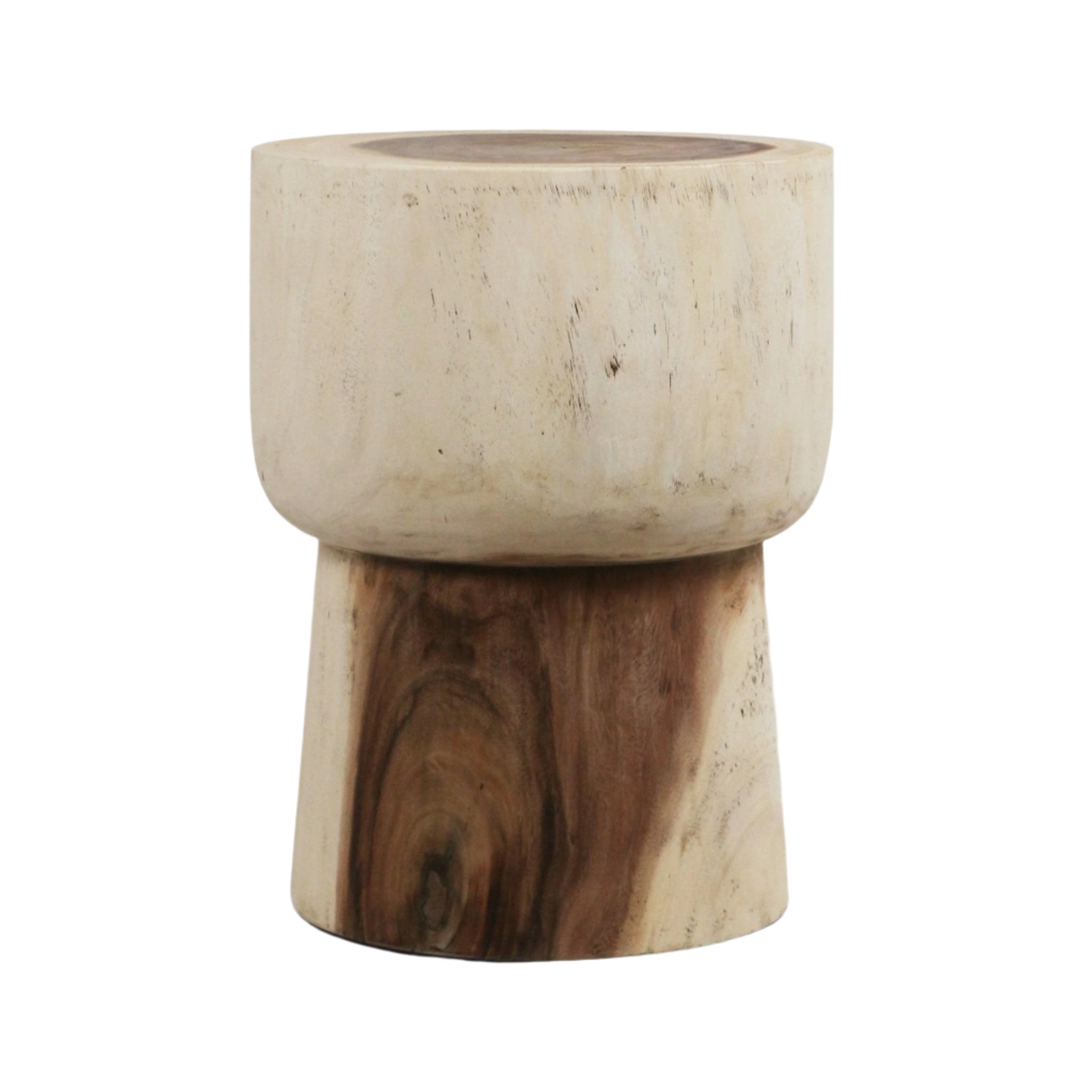 Natural solid wood side table carved in a stump shape with a rounded top and tapered base, showing a light natural finish and warm brown wood grain.